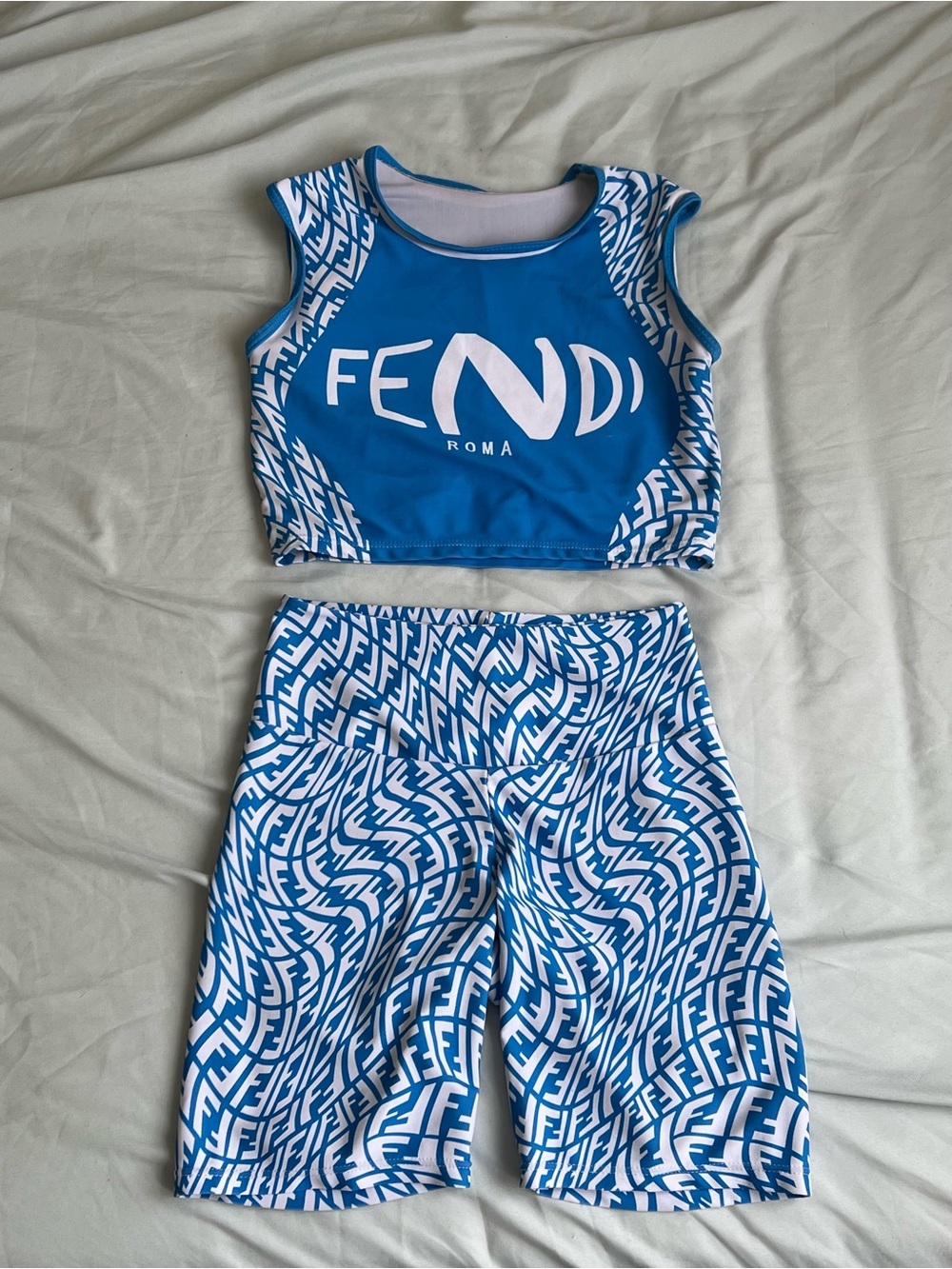 Fendi Blue & White Logo Crop Top with Patterned Bike Shorts